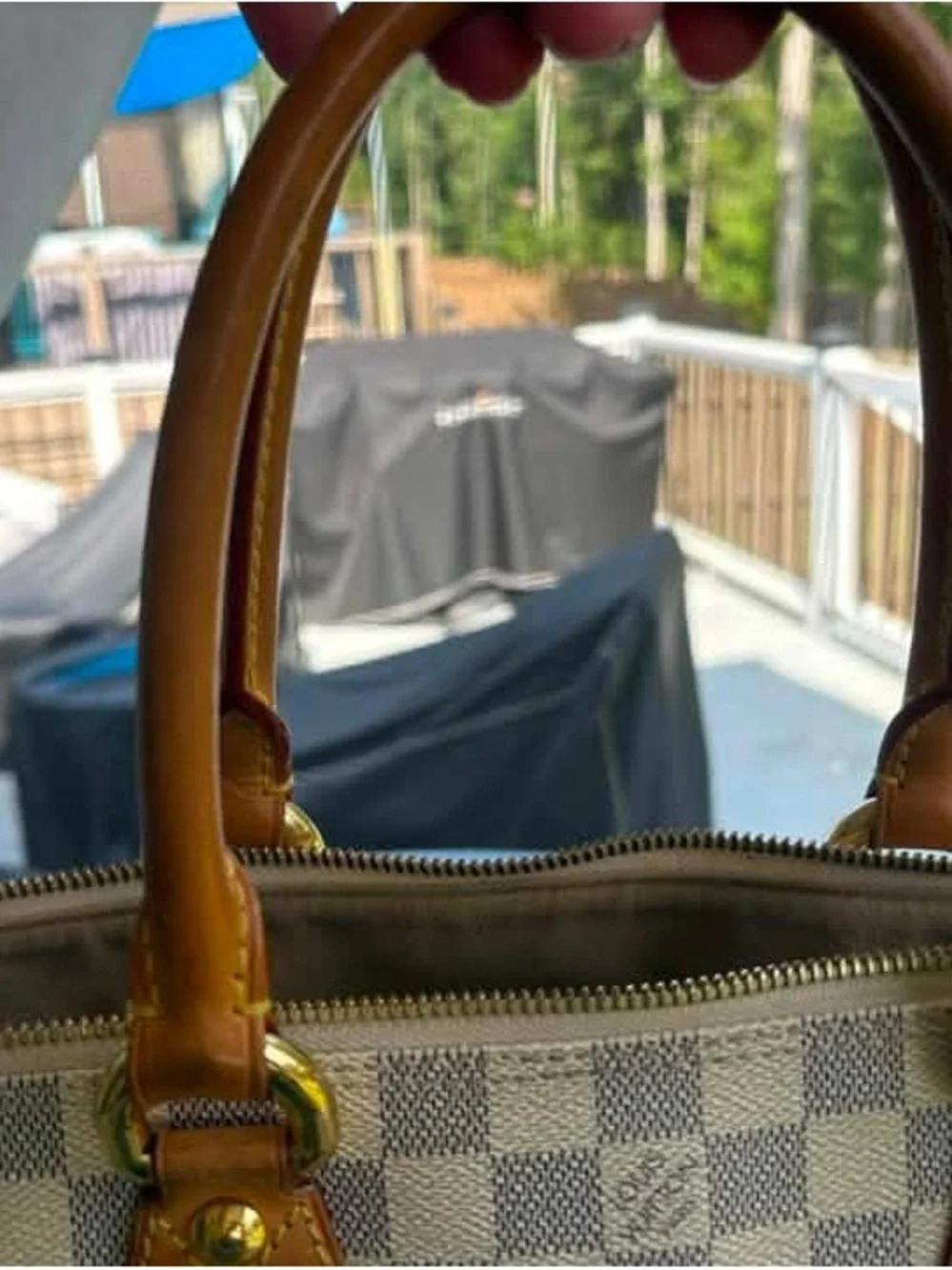Louis Vuitton Damier Azur Canvas Tote with Brown Leather Handles